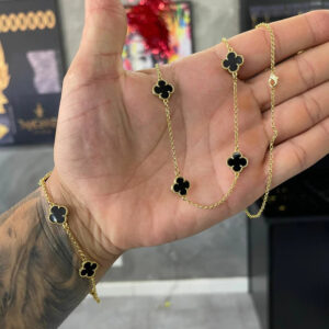 Kit Corrente + Pulseira Trevo Preto 2mm