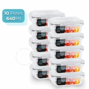 Kit 10 potes de vidro 640ml Hermético, Marmita Fit com Tampa 4 Travas Oliver Home